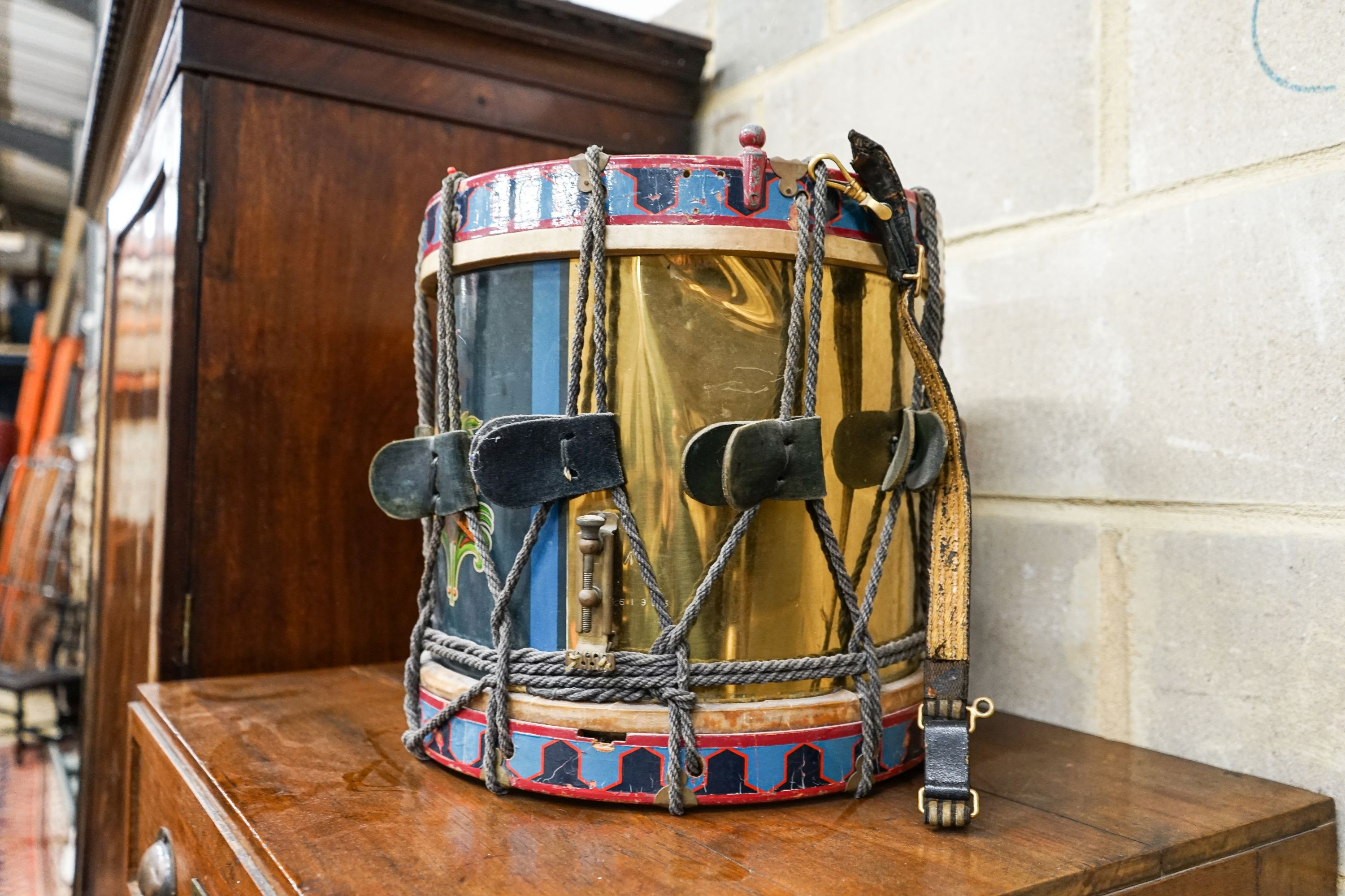 A Royal Air Force brass mounted regimental drum, Serial No. 19/361963, diameter 38cm, height 38cm